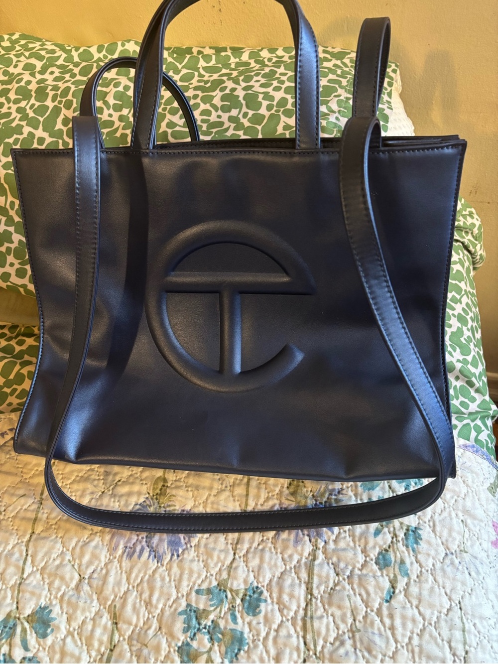 Combat blue Leather telfar Tote Bag with Embossed Logo
